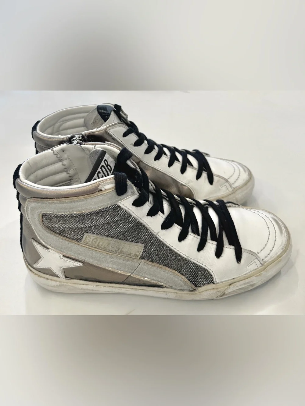Golden Goose Size 36 US 6 Slide distressed Leather And Lurex High Top Sneakers